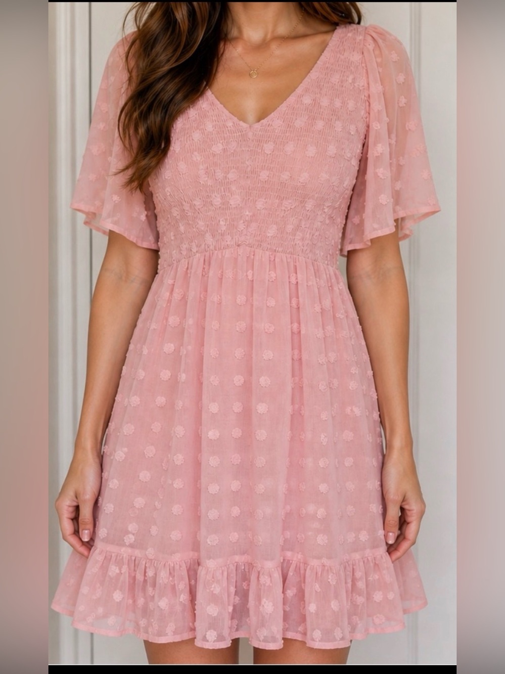 Pink Swiss Dot Mini Dress Smocked Flutter Sleeve NWT Size M